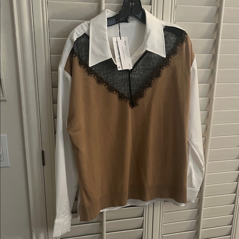 Elegant Tan and White Lace Blouse